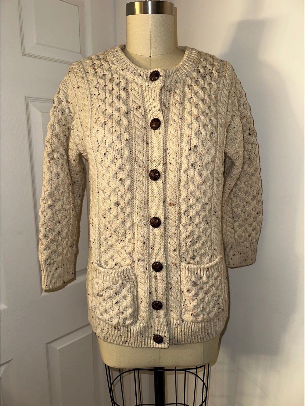 VTG Aran Crafts 90s Women's Cream Wool Cardigan Sweater Ireland L